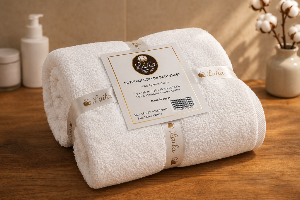 Egyptian Cotton Bath Sheet 90 x 180 cm, Large Oversized Towel, Soft &amp; Absorbent, White