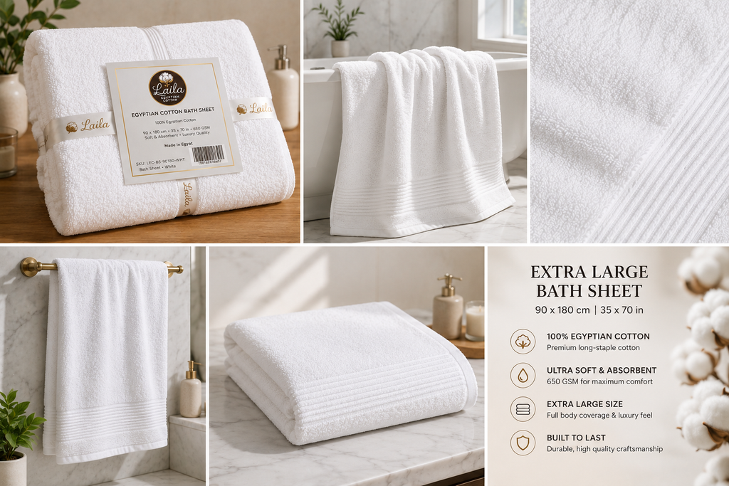 Egyptian Cotton Bath Sheet 90 x 180 cm, Large Oversized Towel, Soft &amp; Absorbent, White