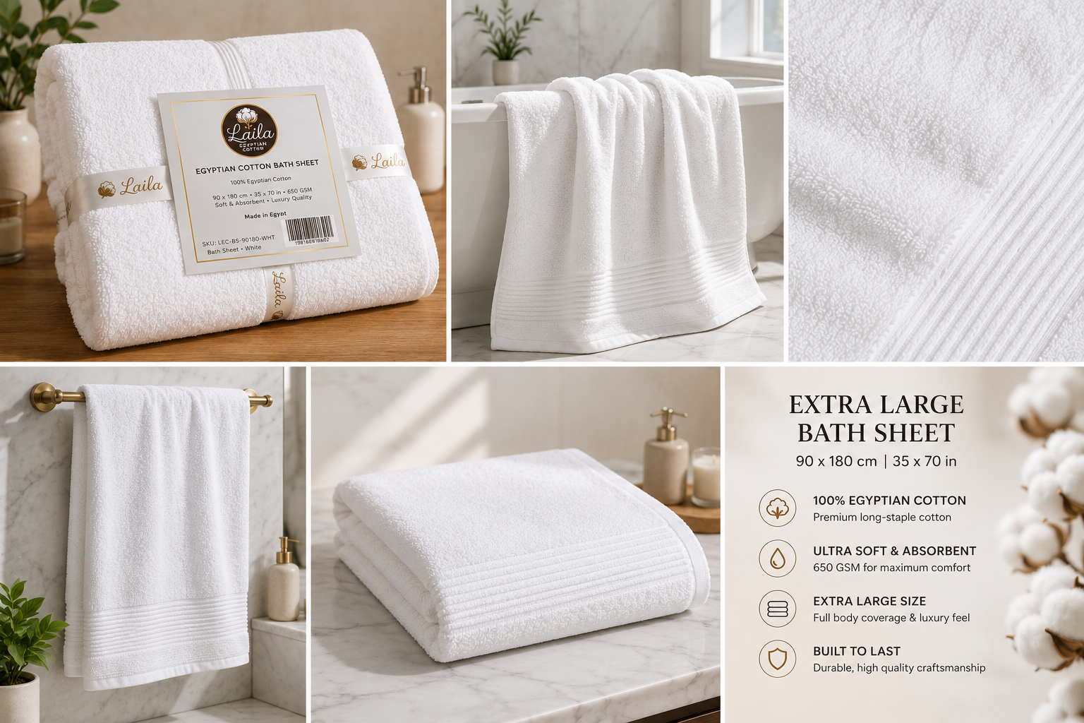 Egyptian Cotton Bath Sheet 90 x 180 cm, Large Oversized Towel, Soft &amp; Absorbent, White