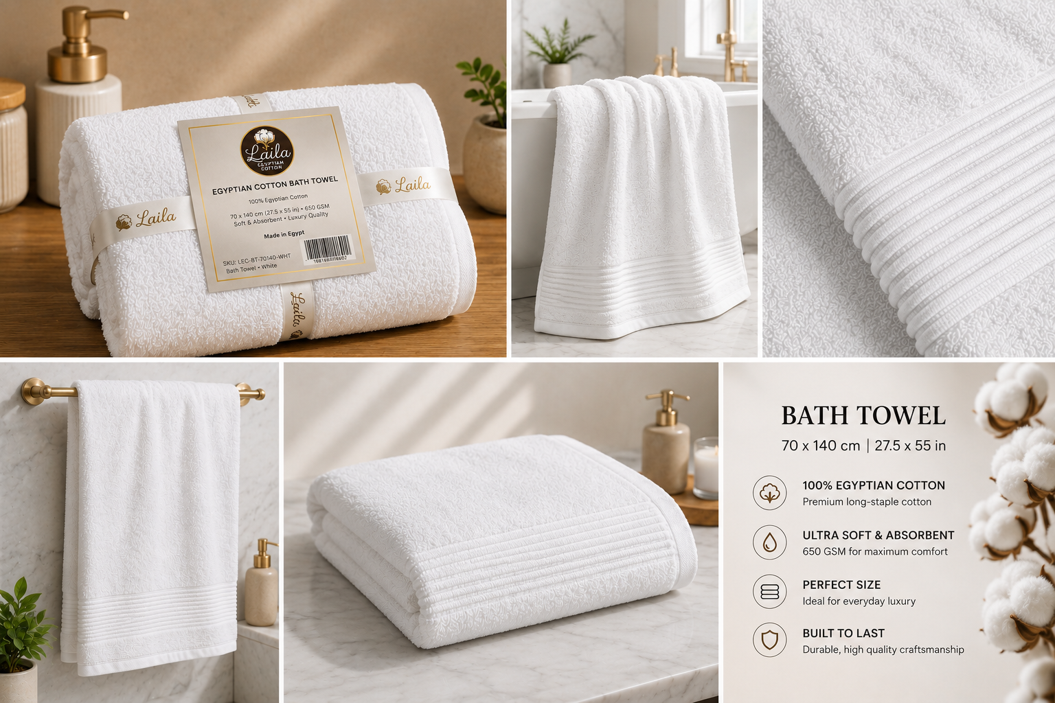 Egyptian Cotton Bath Towel 70 x 140 cm, 650 GSM, Soft, Highly Absorbent, Hotel Quality, White