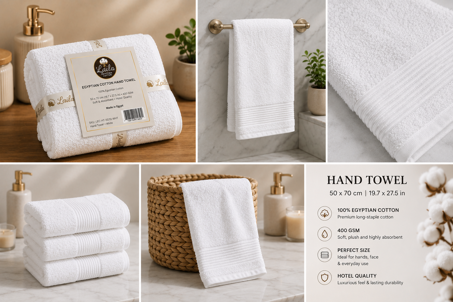 Egyptian Cotton Hand Towel 50 x 70 cm, 400 GSM, Soft Hotel Style Towel, White