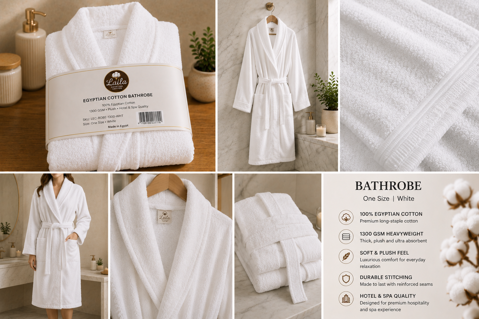 Egyptian Cotton Bathrobe 1300 GSM, Plush Hotel & Spa Robe, White