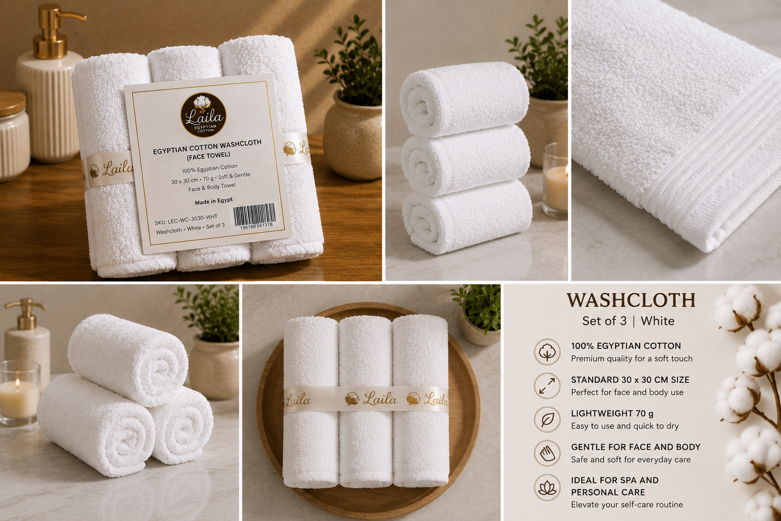 Egyptian Cotton Washcloth (Face Towel) 30 x 30 cm, Soft Face & Body Towel, White (Set of 3)