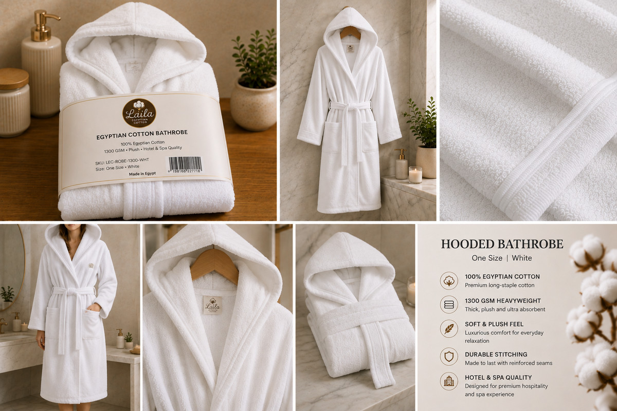 Egyptian Cotton Bathrobe 1300 grams, Plush Hotel and Spa Robe, White
